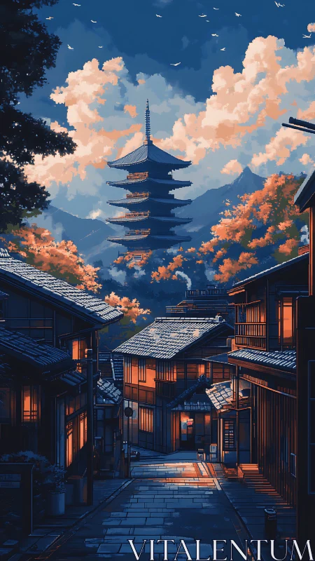 Twilight street view toward tiered Japanese pagoda and hills