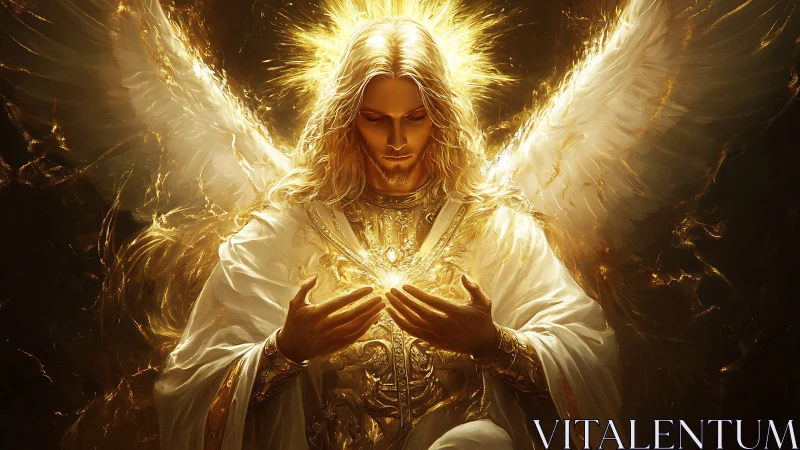 Radiant golden archangel holding luminous heart of light.