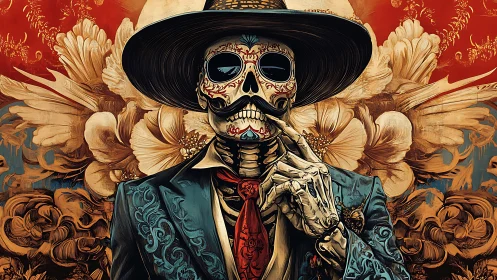 Dapper calavera gentleman in teal suit and floral backdrop.