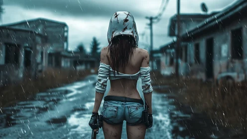 Woman stands armed in rainy deserted street environment