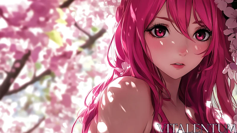 Pink haired anime girl under soft cherry blossom light.