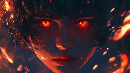 Fiery-eyed heroine emerges from embers in vivid digital art.