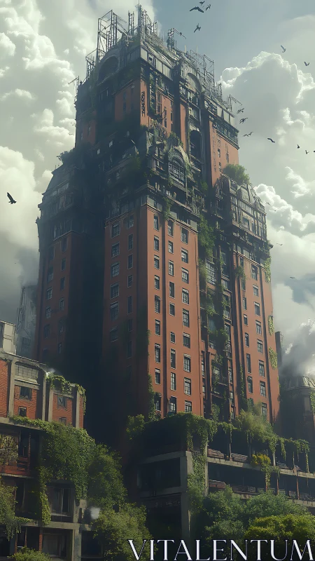 Post-apocalyptic red tower wrapped in reclaiming greenery.