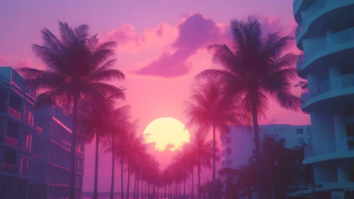 Retro synthwave coastal boulevard sunset with palm silhouettes
