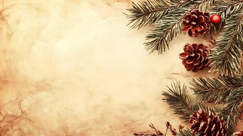 Frosted pine branches frame textured beige background with cones