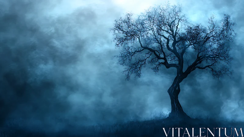 Lonely twilight tree rises quietly from the blue mist