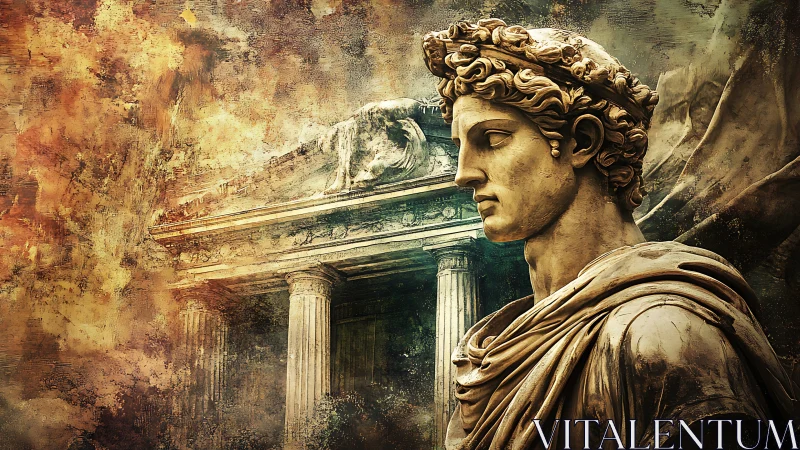 Digital painting of classical statue before ruined temple.