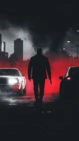 Silhouetted gunman advances through neon red urban smoke