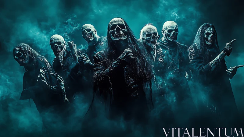 Skeletal metal ensemble in cyan smoke with dramatic backlight.