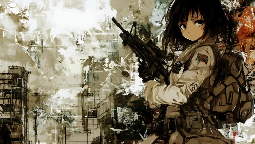 Tactical anime sniper in grunge urban battlefield composition