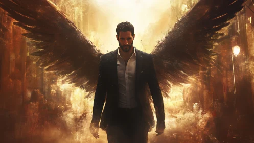 Winged male figure walks forward through abstract lit corridor