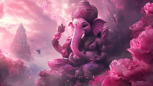 Divine pink Ganesha seated in ethereal floral realm.
