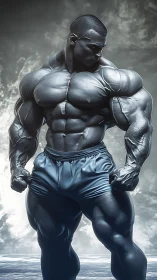 Titan of steel sinew under stormlit sky, carved in chrome.