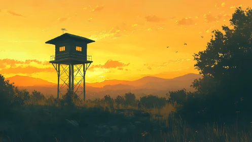 Isolated fire lookout tower silhouettes against volumetric sunset sky