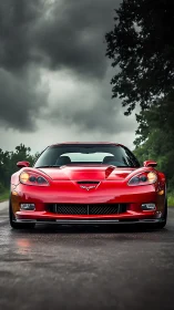 Red sports coupe is positioned front-facing on wet asphalt