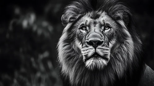 Monochrome close-up portrait of mature male lion head.