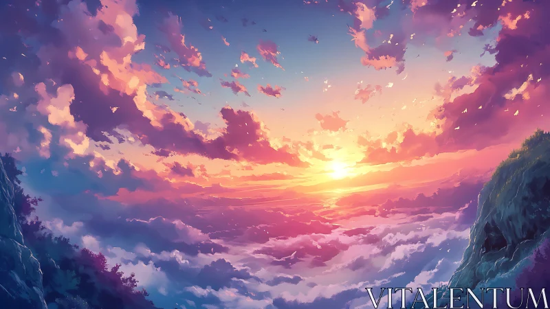 Atmospheric stratified cloudscape at chromatic alpine sunrise.