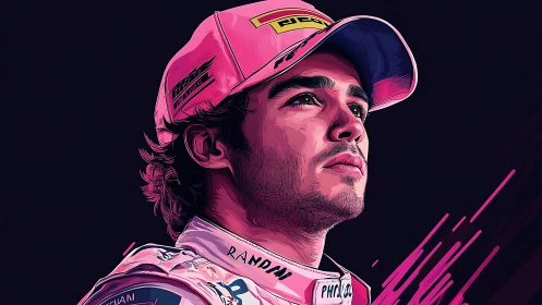 Bold racer portrait glowing with neon pink determination.