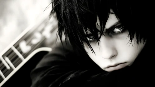 Monochrome emo portrait with guitar and intensified gaze focus.