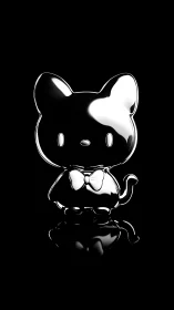 Chrome cat-shaped figure stands centered on black background