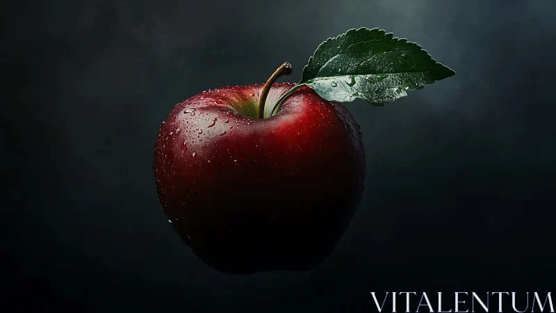 Dark moody close-up of red apple with dewy green leaf.
