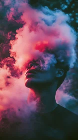 Nebulous daydreamer veiled in electric pink-blue smoke.