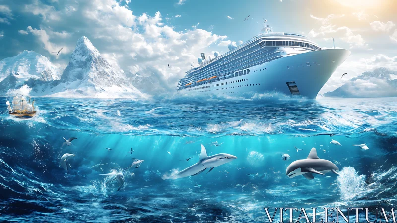 Cruise ship crosses icy ocean above sharks and dolphins