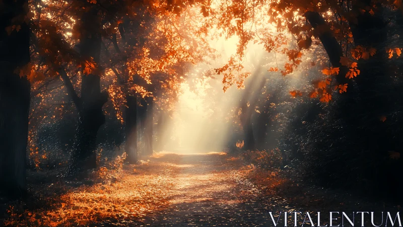 Golden autumn forest path with dramatic morning light.