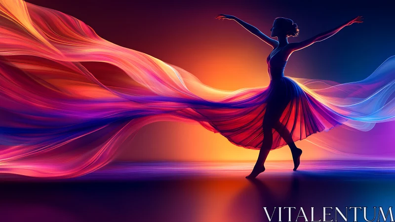 Digital painting of dancer with luminous flowing chromatic veil.