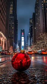 Low-angle red ornament on wet Midtown avenue at night