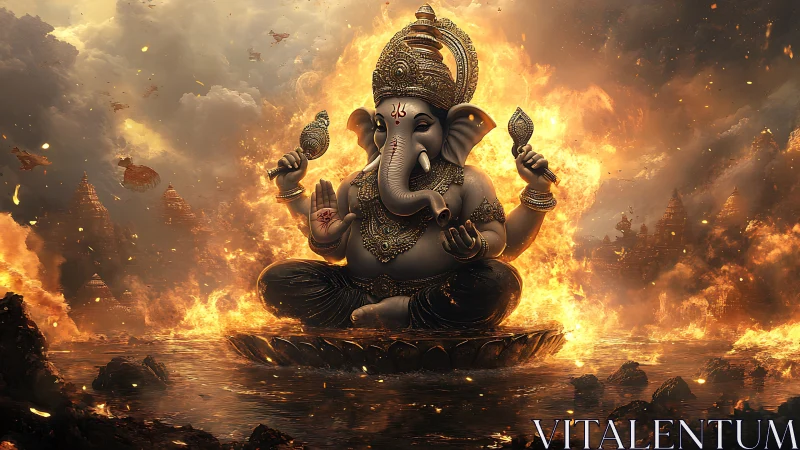 Radiant elephant deity glows calmly amid swirling sacred fire