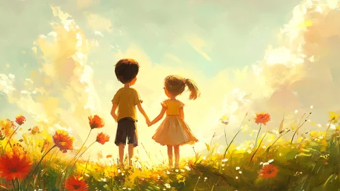Children holding hands in golden wildflower meadow at sunset
