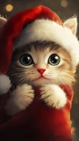 Cute kitten in red Santa hat with bright festive eyes.