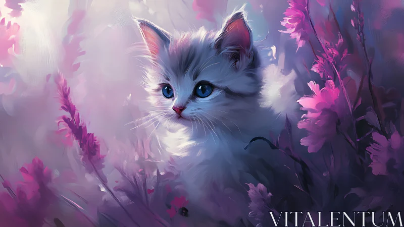 Ethereal White Kitten Among Blooming Magenta Flowers.
