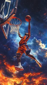 Digital painting of skyward basketball dunk in cosmic blaze.