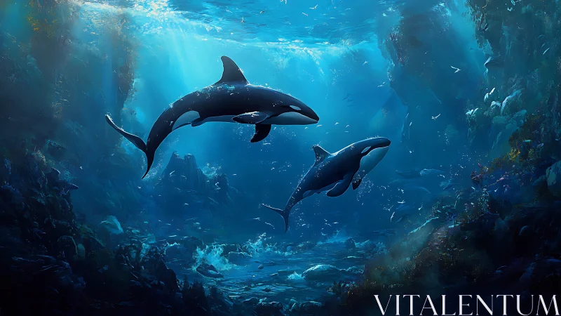 Orcas glide through volumetric blue light in rocky seafloor canyon