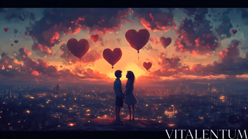 Silhouetted Couple Beneath Ascending Heart Balloons at Sunset.