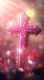Glittering pink cross under radiant celestial light.