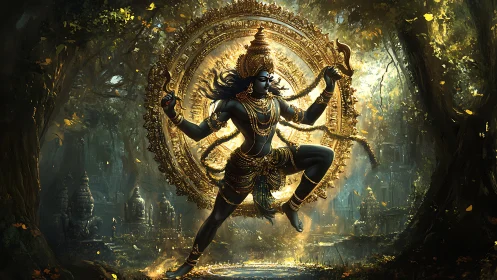 Hindu deity Nataraja dancing within ornate golden halo ring.