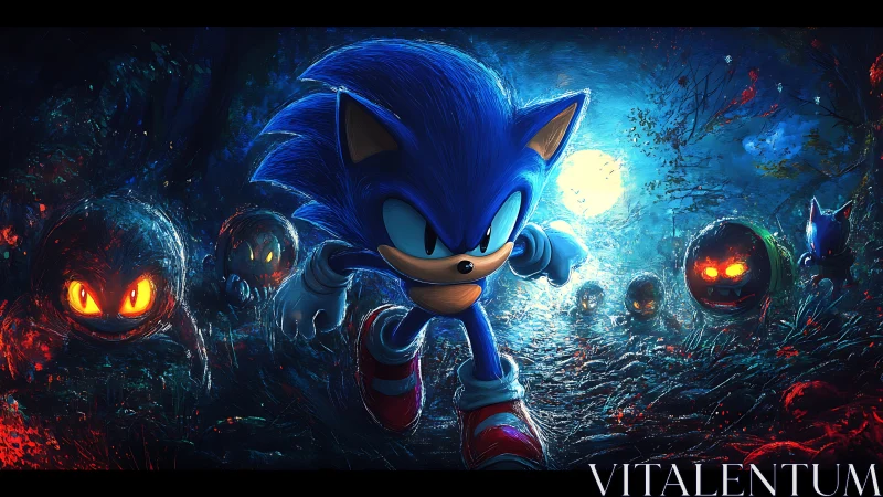 Sonic dashes through a glowing spooky forest nightscape.