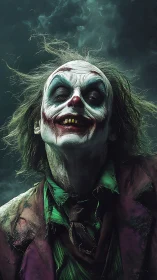 Wild haired clown leans close with eerie, crooked smile