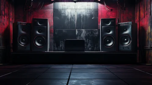 Large black speakers in moody red industrial sound room.