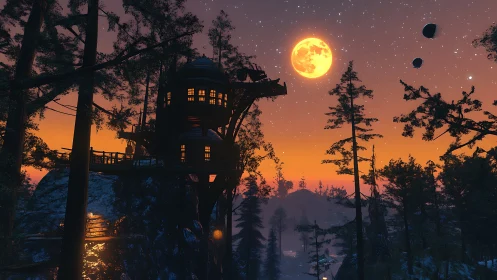 Cozy treetop hideaway glowing beneath a dreamy full moon.