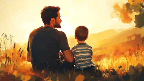 Two figures sit in a field facing a bright sunset sky