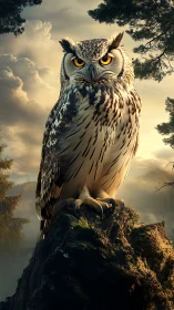 Majestic owl stands guard over misty forest at sunrise