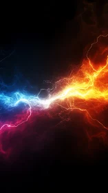 Racing arcs of blue and orange energy meet in vivid balance