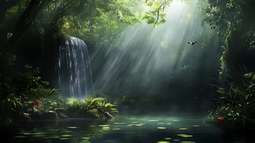 Sunlit waterfall illuminates dense forest lagoon scene