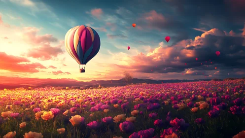 Vibrant hot air balloon drifts above glowing tulip field