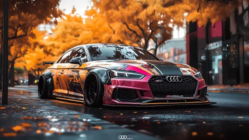 Low-slung Audi street racer amid vivid orange foliage.
