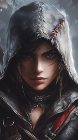 Hooded rogue portrait with scarred leather cloak detail.